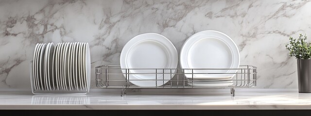 Pristine white plates are neatly arranged in a dish rack beside the kitchen sink, creating a serene atmosphere that invites culinary innovation at any moment