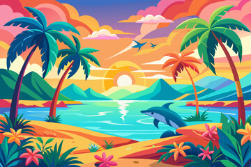 Tropical paradise island sunset with palm trees, a sandy beach, and clear ocean water