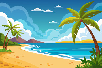 Tropical island paradise: palm trees framing a beautiful beach with sun-kissed sand and clear turquoise ocean water