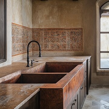 This farmhouse kitchen includes a copper sink, soapstone countertops, a backsplash of Moroccan tile, and flooring constructed from limestone tile