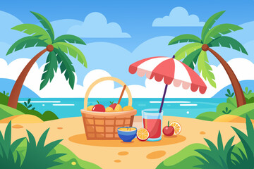 Obraz premium Tropical beach paradise with sun, palm trees, and the ocean's calm waves