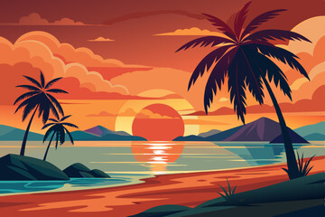 Tropical sunset paints the beach with silhouettes of palm trees, inviting a perfect summer vacation on the island paradise