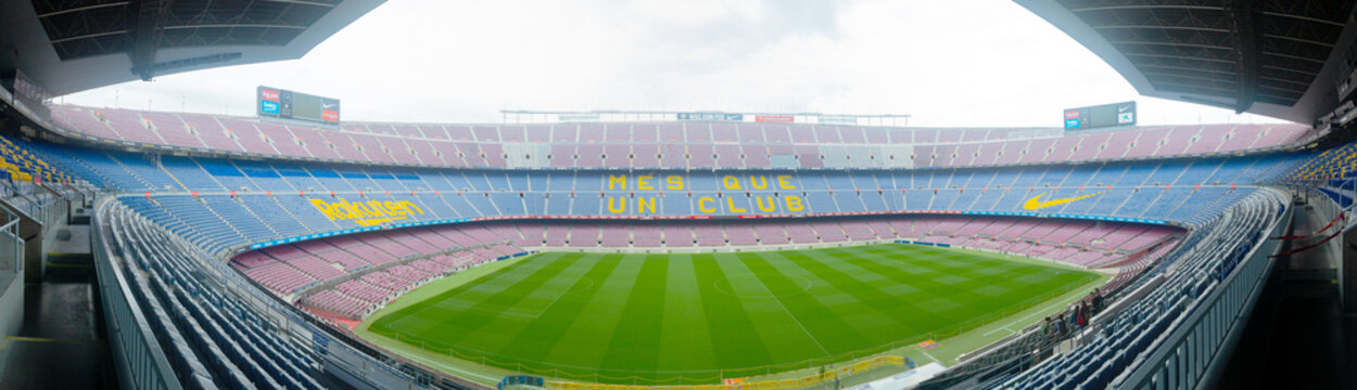 BARCELONA, SPAIN - MAY 23, 2021: View at field of football Nou Camp stadium, home arena of FC Barcelona, Spain