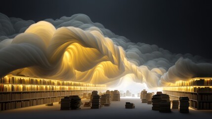 Whispers of a surreal library where books come alive amidst swirling fog and cinematic light