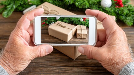 Elderly person taking a photo of wrapped Christmas gifts with a smartphone on a wooden table