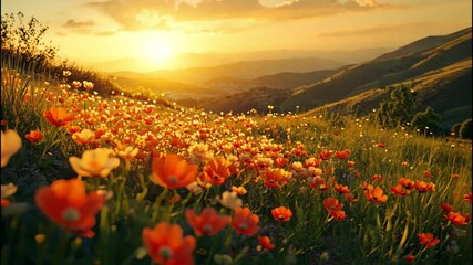 Flower land wide tulip field under warm glowing sunset in countryside. 