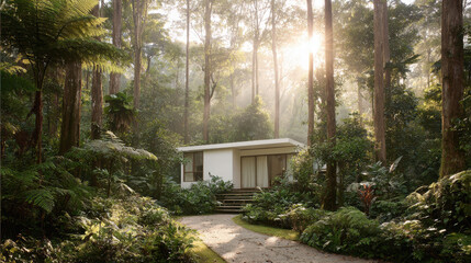 Fototapeta premium modern capsule house nestled in dense forest featuring unique architecture and striking element