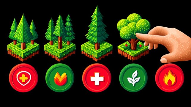 Isometric game assets featuring stylized trees, resources, and a hand interacting with them, ideal for user interface design and game development
