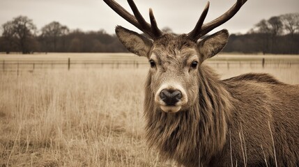 Obraz premium Close-up of a majestic deer with antlers standing in a vast open field