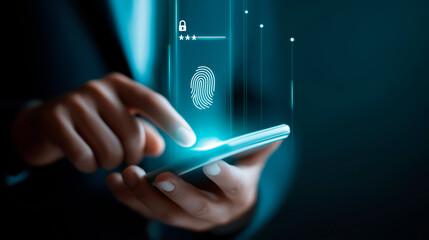 Businessman Entering Password on Smartphone – Cybersecurity, Biometric Authentication, Lock Icon, Fingerprint ID, Data Privacy, Secure Access, Mobile Tech Security
