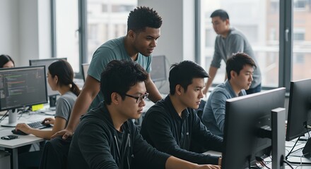 Tech Team Collaboration: Focused team of programmers and software developers collaborating on a project in a modern office environment, showcasing teamwork and innovation.