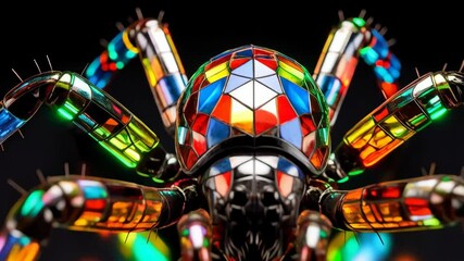 Surreal vibrant arthropod close-up with iridescent legs and geometrically patterned carapace on a dark background in a studio setting.