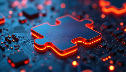 Glowing puzzle piece on modern circuit board with electronic components. Tech design visualizes data connection, integration, data flow, API. Innovation, digital, tech, hardware concepts, interface,