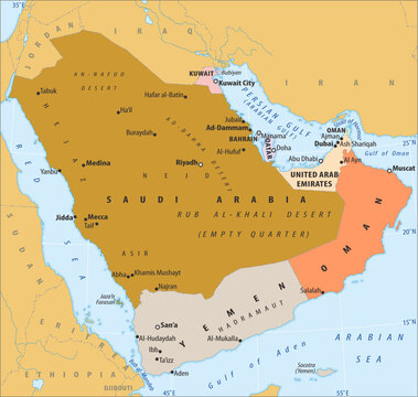 Vector middle east region with cities
and countries on political world map.
