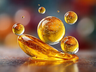 Golden orbs hover above liquid cascade