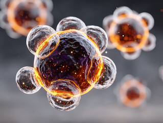 Microscopic celestial bodies ablaze fiery orbs