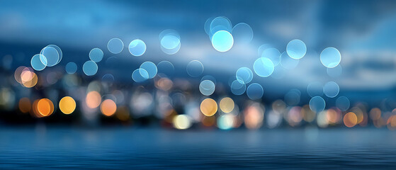 Shimmering city lights reflected in twilight water