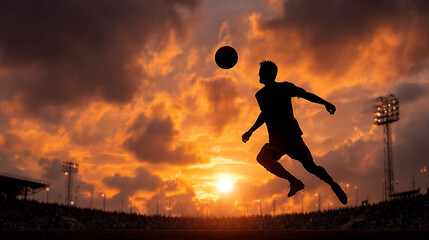 Silhouetted soccer player leaps toward sun