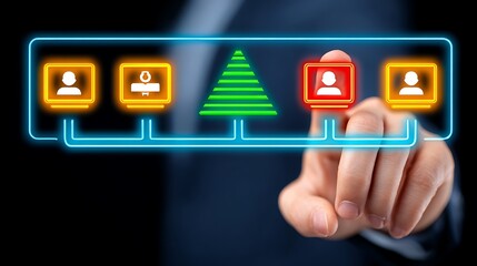 Digital interface shows a man interacting with icons representing people, a tree, and a glowing line connecting them