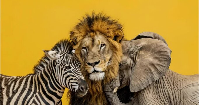 lion king smiling looking at camera and hugs his friends zebra and elephant on yellow background with copy space. concept of conservation wild African animals. welcome to africa cheerful fun banner 4K
