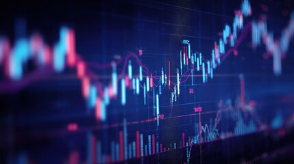 Blurred Neon Blue Digital Charts with Indicators in Stock Market Scene