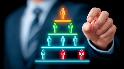 Business professional engaging with a futuristic digital interface to visualize an organizational hierarchy, highlighting strategic talent management and leadership succession planning