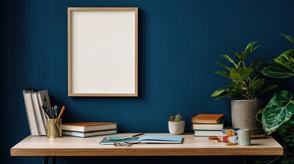 Stylish Workspace with Blank Frame and Green Plants on Desk
