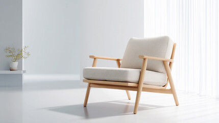 Minimalist armchair in bright, airy room with natural light