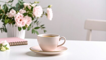 Elegant coffee cup with gold rim and pink notebook on white desk with soft floral background