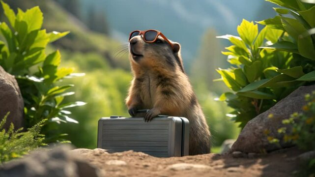 Squirrel with suitcase and sunglasses posing like a travel meme hero