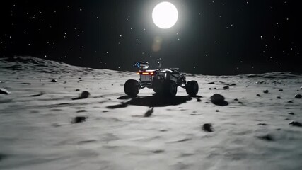 A white and black lunar rover drives across the moon's surface at night with a bright sun in the distance.