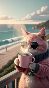 Cat with coffee and glasses enjoying ocean view like a classy meme boss