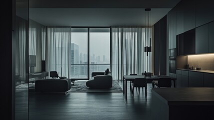 Dark, moody apartment interior with city view, sleek furniture, and open-plan kitchen