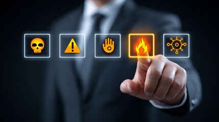 A professional points to a glowing fire warning on a digital risk assessment interface, embodying cybersecurity vigilance, threat management, and proactive business protection