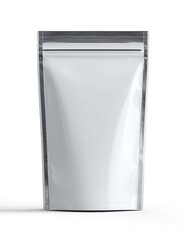 Naklejka premium A standing, blank, white, resealable pouch with a silver zipper. It's a flexible, stand-up bag ideal for packaging various products