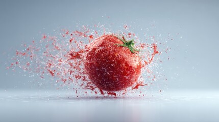 A ripe red tomato explodes into a vibrant spray of juice and pulp against a muted grey background, showcasing dynamic motion and texture