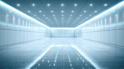 A long, bright, sterile corridor with reflective floor and ceiling, illuminated by numerous recessed lights, creating a futuristic, clean aesthetic