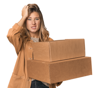 Blonde Caucasian moving with large boxes being shocked, she has remembered important meeting.