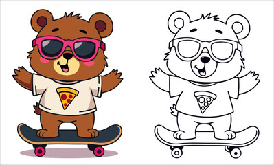 Vector fashion design for children t-shirt. 
Cute teddy bear on skateboard
with pink glasses and pizza, 
isolated, with contour. 
Cartoon print for fabric, clothing for boy and girl.