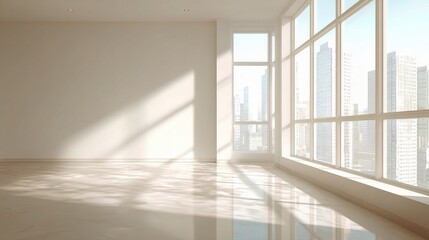 Fototapeta premium Bright Sunlit Office Space with Large Windows and Neutral Décor