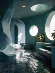 Sunlit teal interior hallway with organic, sculpted walls, circular windows, tiled floor, and plant accents