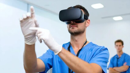 Medical professional using VR headset with gloves in modern training facility, virtual reality in healthcare education - Powered by Adobe