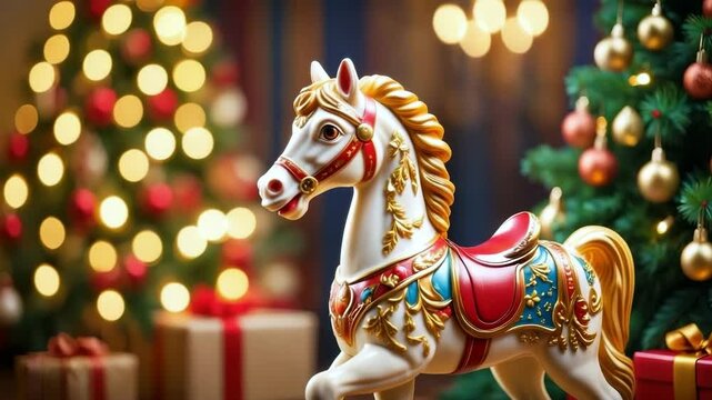 Decorative carousel horse figurine in festive Christmas room with glowing lights, tree, and wrapped presents