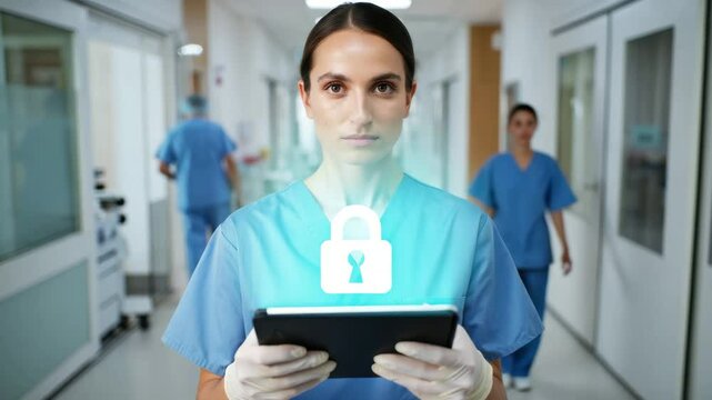 Medical worker holding tablet with digital lock icon, data security and privacy protection in modern healthcare environment
