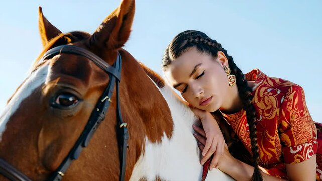 Woman resting on horse under clear sky, peaceful equestrian moment with cultural fashion elements in natural outdoor setting