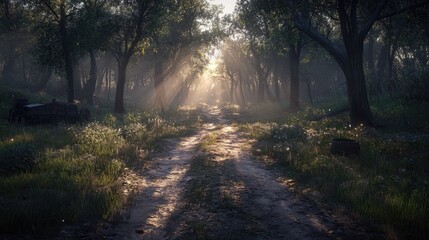Obraz premium Sunlit path through a misty woodland, flanked by trees and overgrown vegetation, with aged farm equipment visible at the edges