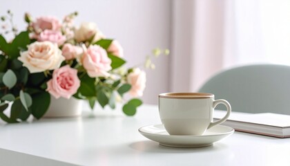 Coffee cup with floral bouquet and pink notebook on white modern desk
