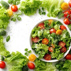 A vibrant salad of lettuce, cherry tomatoes, and broccoli florets in a white bowl, surrounded by additional greens and vegetables on a white background