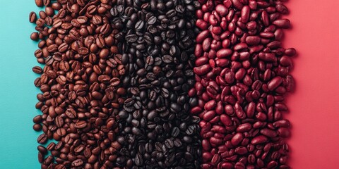 Three vertical stripes of coffee beans and red beans on a teal and coral background