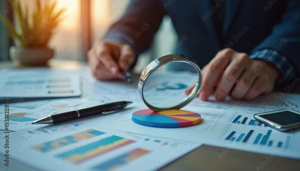 Aufkleber Financial analyst working with charts graphs reports on table. Business strategy audit concept. Man uses magnifying glass over pie chart. Analyzing finance investment market, economy information,